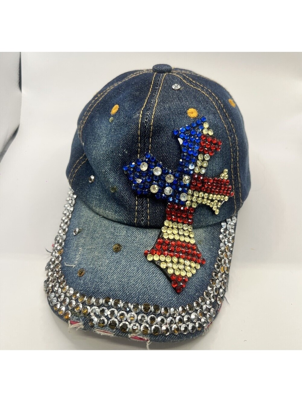 Rhinestone Cross Blue Denim Hat Distressed Studded Western Y2K Strapback Cap